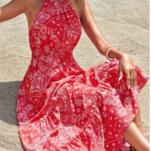 Paisley Print Ruffle Hem Halter Dress - Picture 3 of 9